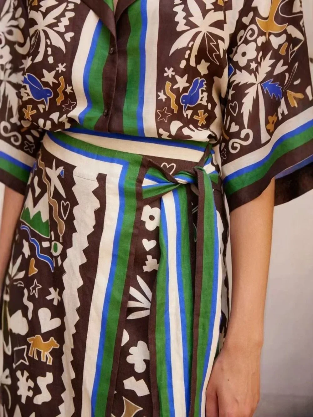 Zimmermann Printed Brown Wrap Skirt and Matching Shirt Set with Green Accents